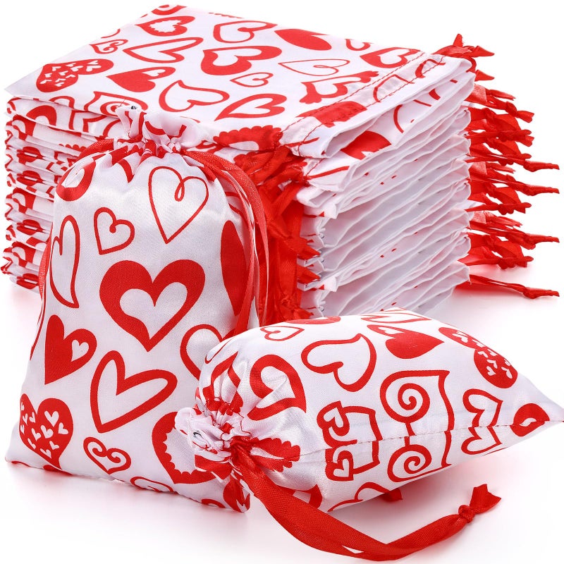 Aliceset 50 Pcs Valentine's Day Heart Gift Bags with Drawstring 5 x 7 Inch Lover Drawstring Satin Bags Jewelry Pouches for Wedding Baby Shower Party Favors DIY Craft (White) - Image 1