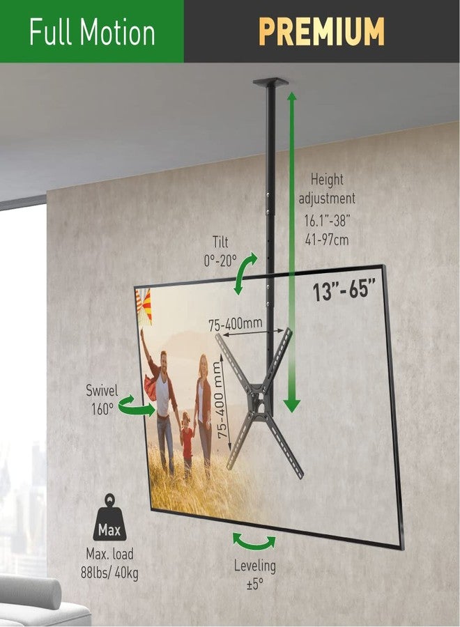 Barkan 38'' Long TV Ceiling Mount, 13-65 inch Full Motion - 3 Movement Flat/Curved Screen Bracket, Holds up to 88lbs, Telescopic Height Adjustment, Fits LED OLED LCD - Image 3