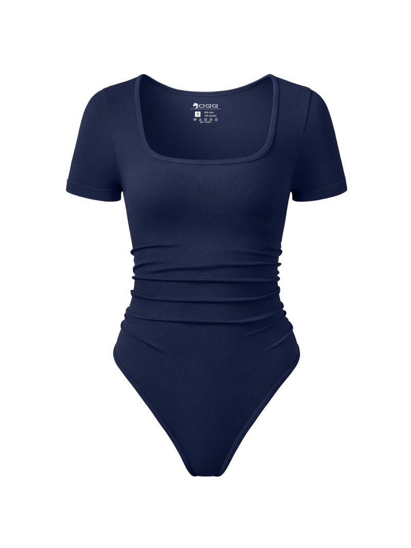 OQQ Women Bodysuits Ruched Short Sleeve Square Neck Stretch Lounge Travel Bodysuits Nave blue - Image 1