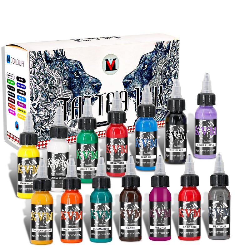 KVM Tattoo Ink Set 14 Pcs Colors 1oz (30ml) Tattoo Supply Indoor Tattoo Studio Renowned for its Smooth Flow Characteristics - Image 1