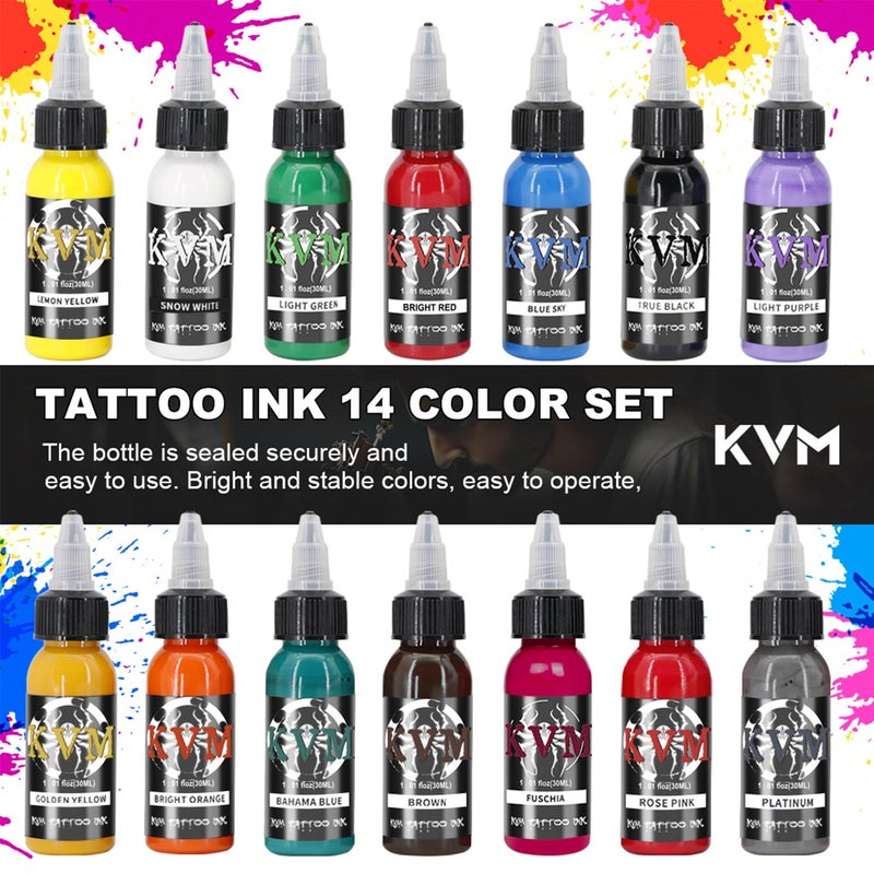 KVM Tattoo Ink Set 14 Pcs Colors 1oz (30ml) Tattoo Supply Indoor Tattoo Studio Renowned for its Smooth Flow Characteristics - Image 2