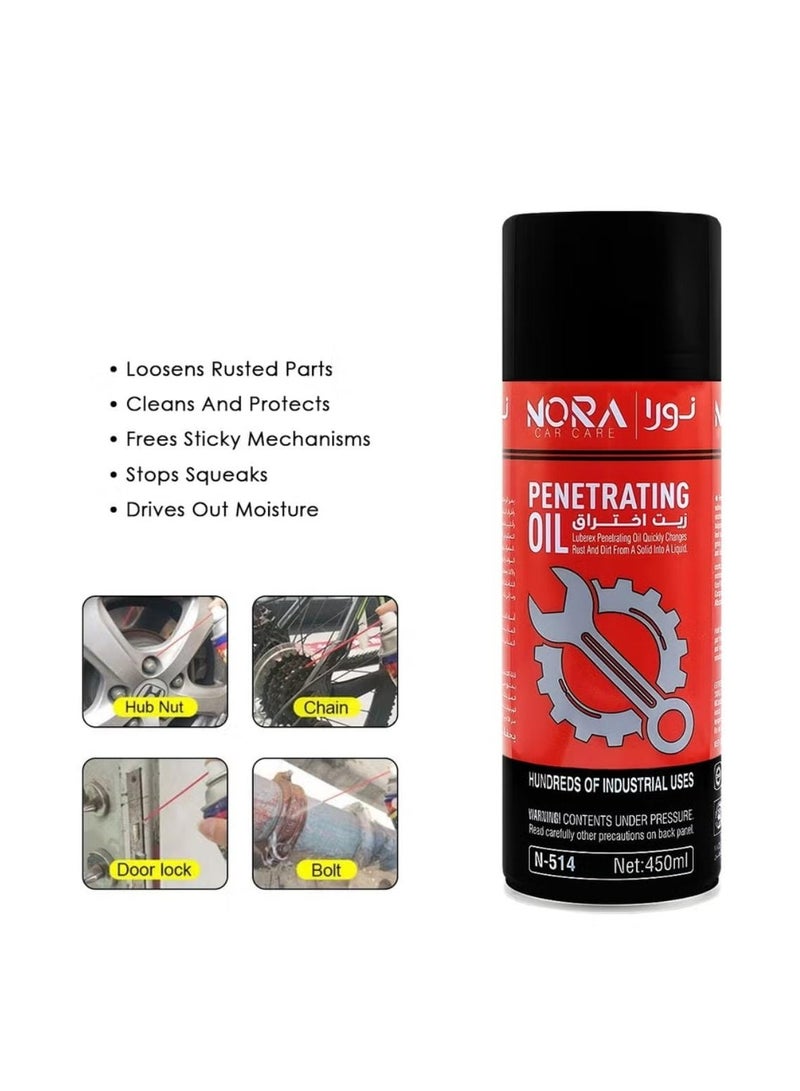 نورا بخاخ زيت اختراق متعدد الأغراض، مزيل للصدأ، ومُزلّق، وطارد للرطوبة، ومضاد للصرير، سعة 450 ملمن،  NORA Car Care N-514 - Image 5