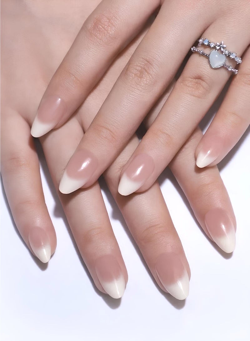MK Elegant white gradient artificial nail set, short almond shape, 24 nails in assorted sizes - with adhesive and file. - Image 1
