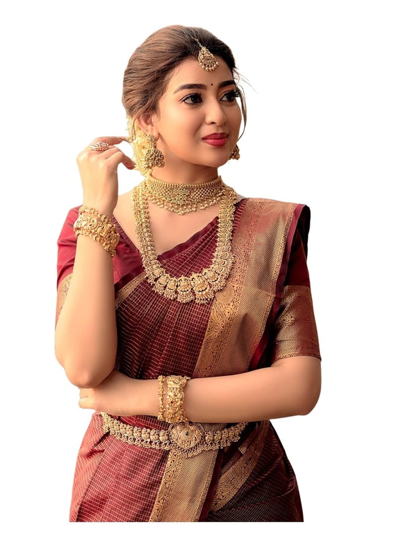 ساري نسائي ناعم من الحرير الباناراسي مع بلوزة غير مخيطة - كستنائي - Image 1