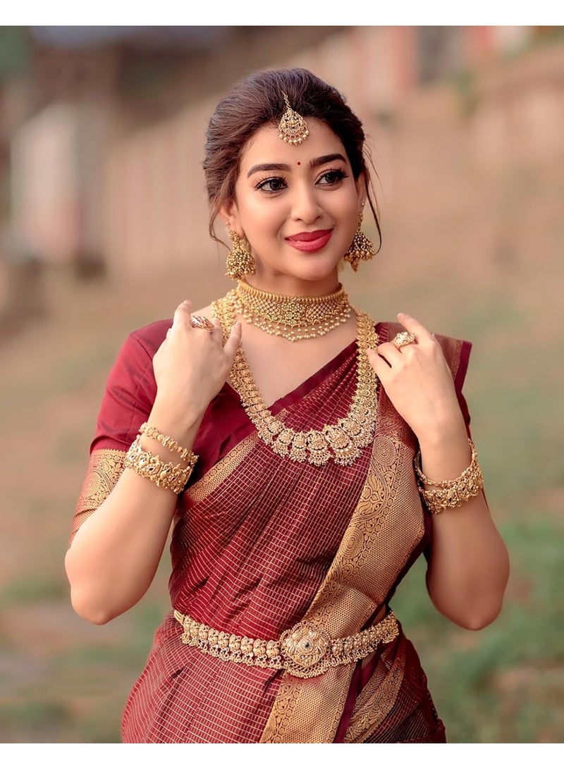 ساري نسائي ناعم من الحرير الباناراسي مع بلوزة غير مخيطة - كستنائي - Image 5