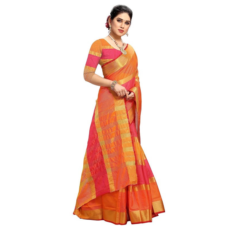 Sidhidata Women's Multicolour Kota Doria Pure Cotton Saree with Unstitched Blouse Piece - Image 4