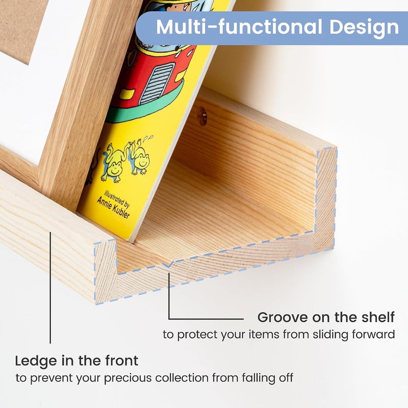 FLYJOE Picture Ledge Shelf for Wall, 24 inches Solid Pine Wood Nursery Book Shelves 3 Packs, Floating Ledge Shelves for Kids' Room Bedroom Bathroom Living Room Photo Frames Office Nursey Wall Decor, Natural - Image 5