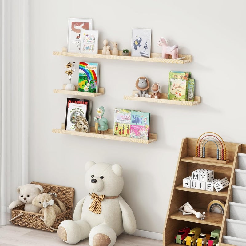 FLYJOE Picture Ledge Shelf for Wall, 24 inches Solid Pine Wood Nursery Book Shelves 3 Packs, Floating Ledge Shelves for Kids' Room Bedroom Bathroom Living Room Photo Frames Office Nursey Wall Decor, Natural - Image 2