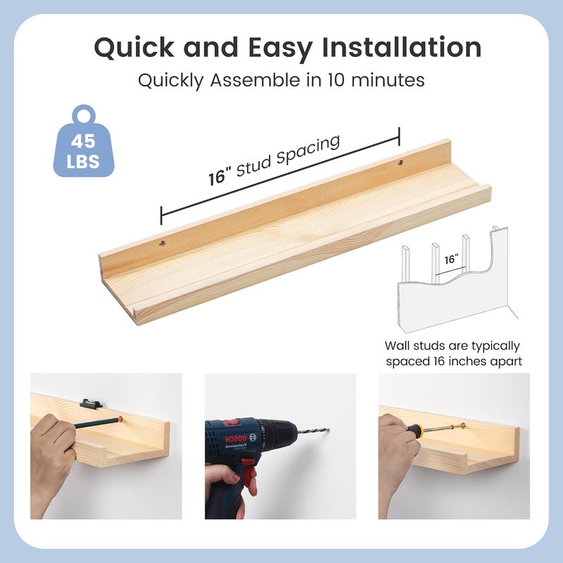 FLYJOE Picture Ledge Shelf for Wall, 24 inches Solid Pine Wood Nursery Book Shelves 3 Packs, Floating Ledge Shelves for Kids' Room Bedroom Bathroom Living Room Photo Frames Office Nursey Wall Decor, Natural - Image 4