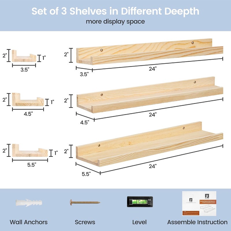 FLYJOE Picture Ledge Shelf for Wall, 24 inches Solid Pine Wood Nursery Book Shelves 3 Packs, Floating Ledge Shelves for Kids' Room Bedroom Bathroom Living Room Photo Frames Office Nursey Wall Decor, Natural - Image 3