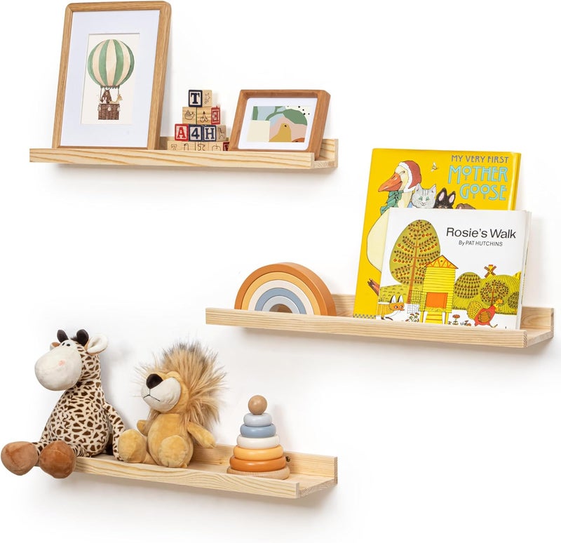 FLYJOE Picture Ledge Shelf for Wall, 24 inches Solid Pine Wood Nursery Book Shelves 3 Packs, Floating Ledge Shelves for Kids' Room Bedroom Bathroom Living Room Photo Frames Office Nursey Wall Decor, Natural - Image 1