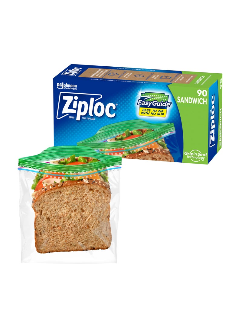 Ziploc Ziploc Sandwich and Snack Bags with EasyGuide Texture, Plastic Storage Bags with Grip 'n Seal Technology, 90 Bags Total  - Image 1