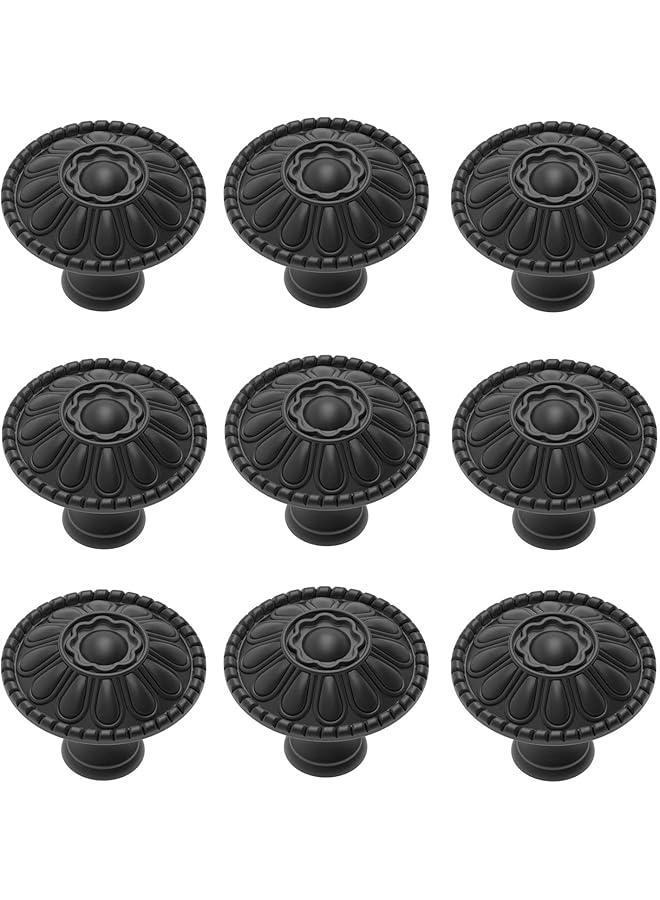 promass Round Cabinet Knob, 9-Pack of Matte Black Kitchen Cabinet Knobs Pulls, Matte Round Farmhouse Dresser Handles Drawer Knobs for Modern Closet Furniture Door, Floral Pattern - Image 1