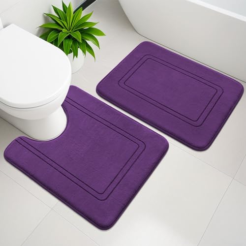 YIHOUSE Memory Foam Bath Mat Set Bathroom Rugs Sets 2 Pieces Non Slip Bath Mats for Bathroom Super Soft and Water Absorbent Bath Rug Set Machine Washable U Shape RugPurple - Image 1