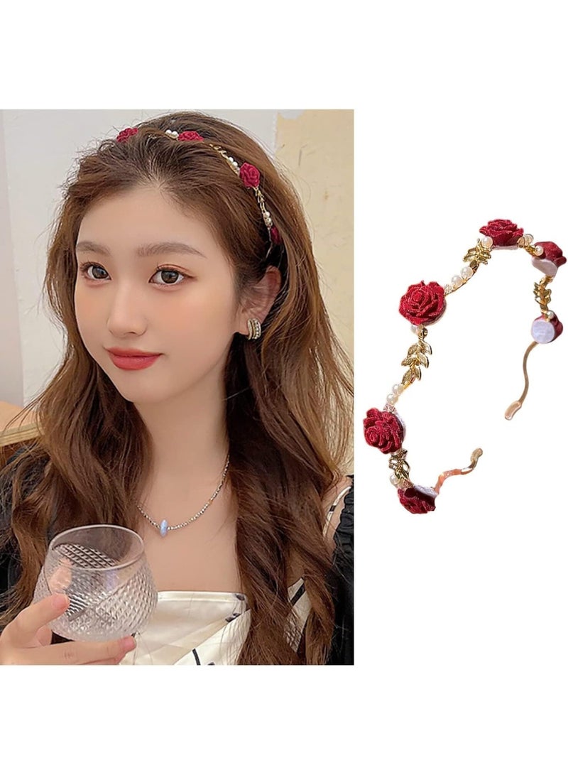 Valentine Headband Hair Clips, Flower Metal Hair Accessories, Exquisite Red Rose Gold Metal Design Elegant Hair Hoop Hairbands Hair Band Hairpin, for Women Girls Scrunchies 1Pcs - Image 1