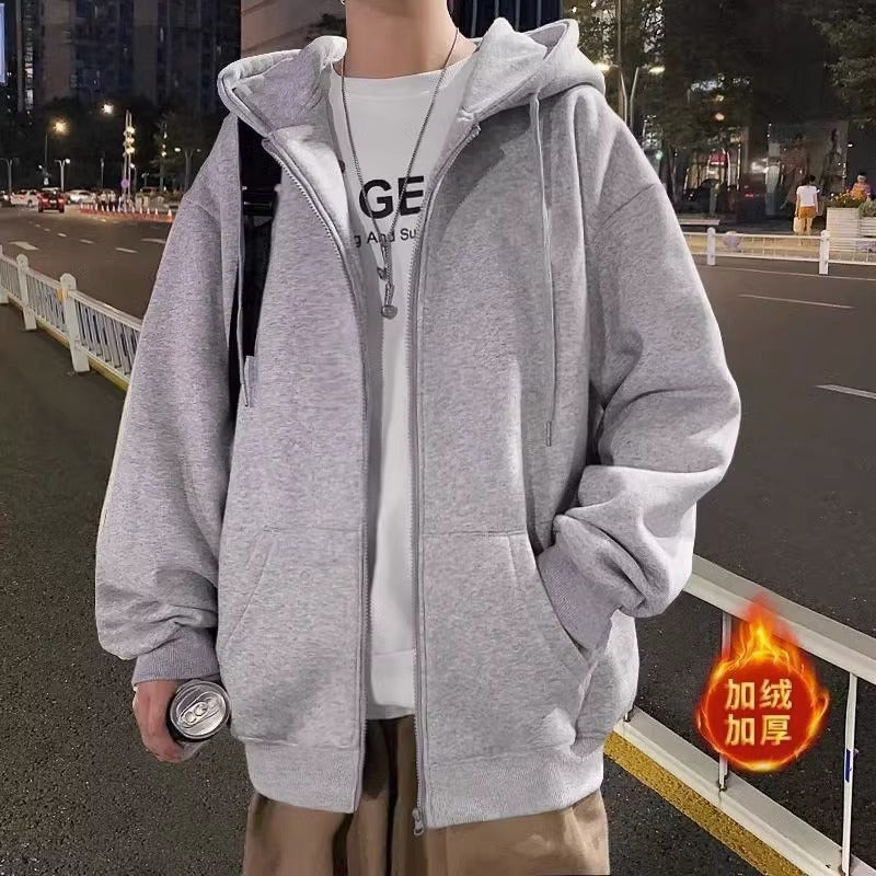 2023 trendy hooded cardigan sweater mens spring and autumn fashionable versatile Korean style top casual loose zipper coat Gray fleece-lined 
