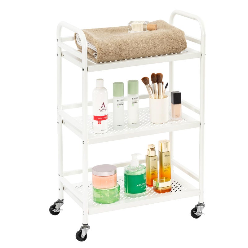 HDANI 3 Tier Metal Rolling Heavy Cart Supports 40 Lbs Per TierRolling Cart with 2 Lockable Wheels for OfficeHomeBedroomKitchenBathroomWhite
