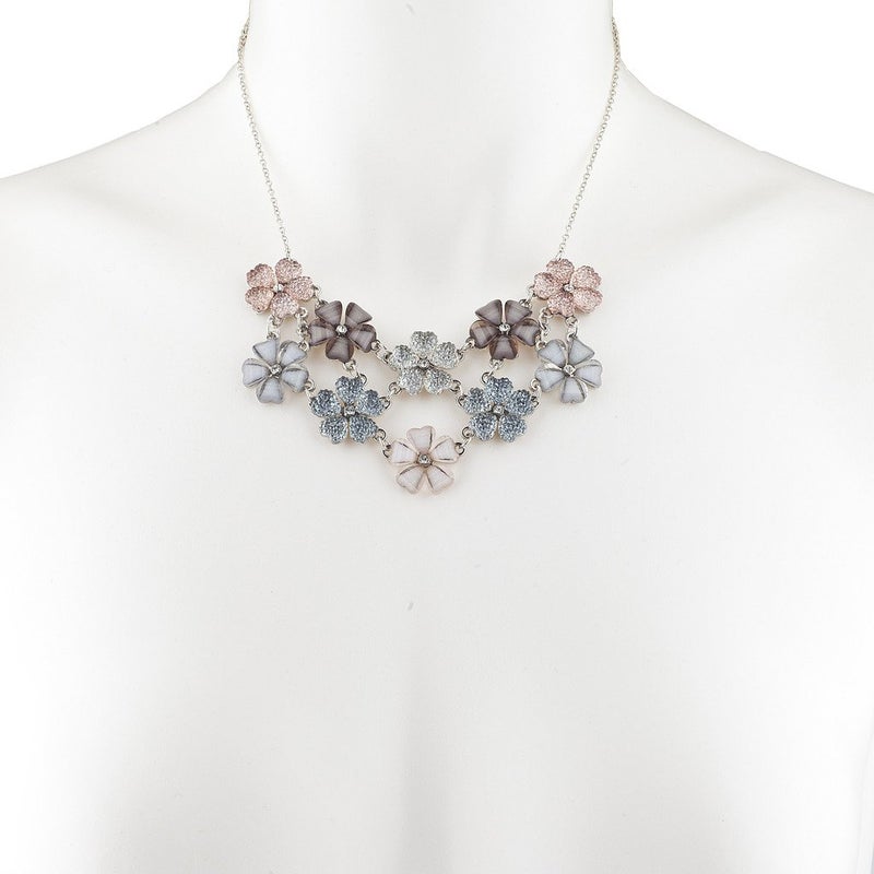 LUX ACCESSORIES Faux White Pink Grey Mauve Floral Flower Statement Necklace - Image 2