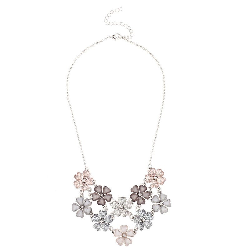 LUX ACCESSORIES Faux White Pink Grey Mauve Floral Flower Statement Necklace - Image 3