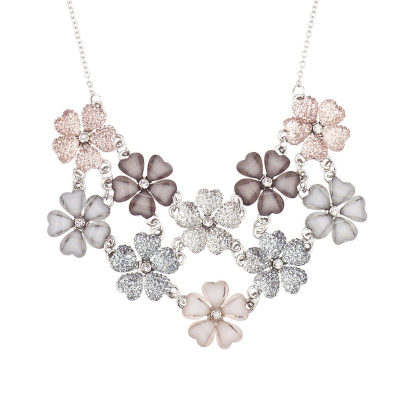 LUX ACCESSORIES Faux White Pink Grey Mauve Floral Flower Statement Necklace - Image 1