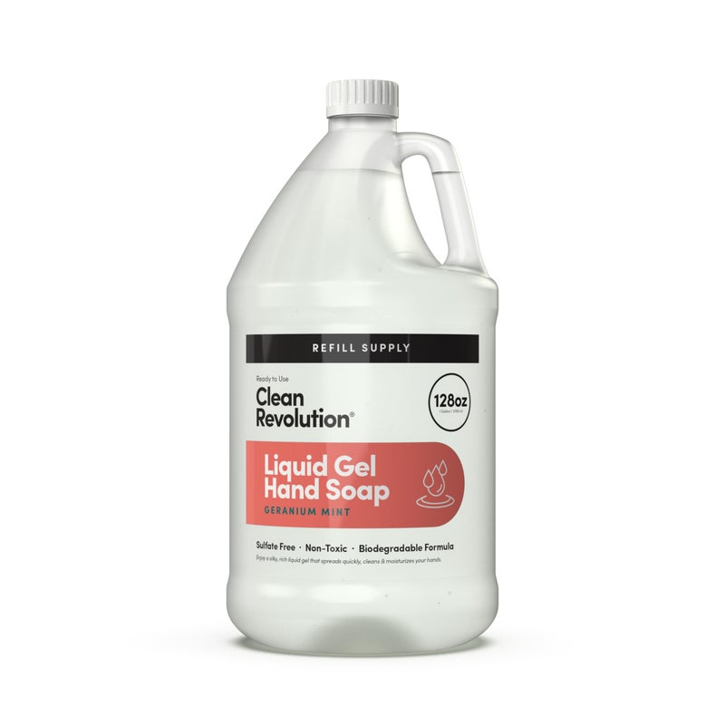 Clean Revolution Liquid Gel Hand Soap, Silky Rich Liquid, Quick Lather, Fast Rinsing, Contains Real Essential Oils (Geranium Mint) 128 Fl Oz - Image 1