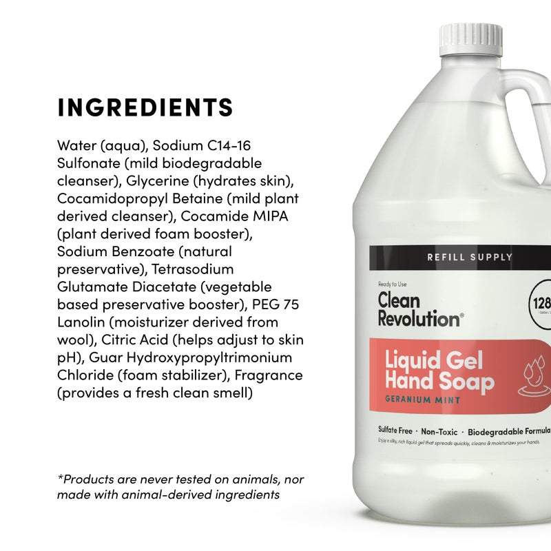 Clean Revolution Liquid Gel Hand Soap, Silky Rich Liquid, Quick Lather, Fast Rinsing, Contains Real Essential Oils (Geranium Mint) 128 Fl Oz - Image 5