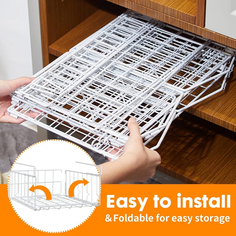 Davi Collection Hanging Under Shelf Storage Basket, 2 Pack Foldable Under Cabinet Metal Desk Storage Wire Rack Organizer for Kitchen Pantry Bookshelf Office Home, Easy to Install Slide-in Under Shelves (White) - Image 3