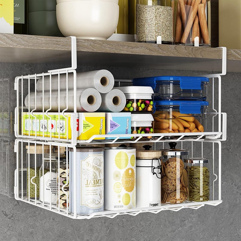 Davi Collection Hanging Under Shelf Storage Basket, 2 Pack Foldable Under Cabinet Metal Desk Storage Wire Rack Organizer for Kitchen Pantry Bookshelf Office Home, Easy to Install Slide-in Under Shelves (White) - Image 5