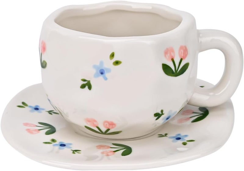 Koythin Ceramic Coffee Mug with Saucer Set, Cute Creative Pink and Blue Floral Cup Unique Irregular Design for Office and Home, 10 oz/300 ml for Latte Tea Milk - Image 1