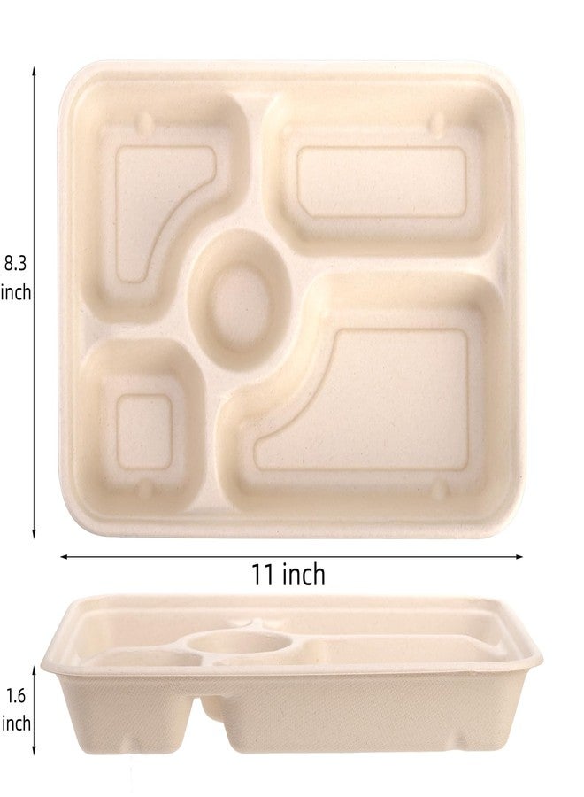 Eorbow 50 Pack 5 Compartment Disposable Paper Plates, 11" x 8" Compostable Bagasse School Lunch Tray, Heavy-Duty Sectional Sugarcane Plate, Divided Platter Tray for Buffet Party, Microwave Safe - Image 2