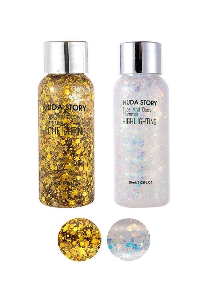 2 Pcs Body Glitter Gel Liquid Eyeshadow, Holographic Long Lasting Face Glitter Shimmer Chunky Sequins, Decoration Glitters for Hair Makeup Festival Party Carnival (Gold+Silver) - Image 1