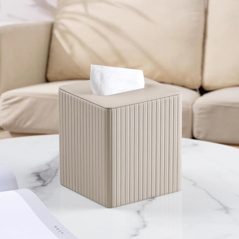 MEIBOOCH PU Leather Tissue Box Cover Square Tissue Box Holder with Magnetic Closure (Beige Stripe) - Image 2