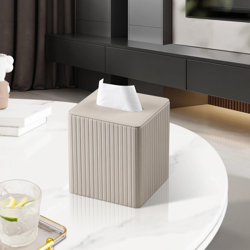 MEIBOOCH PU Leather Tissue Box Cover Square Tissue Box Holder with Magnetic Closure (Beige Stripe) - Image 5