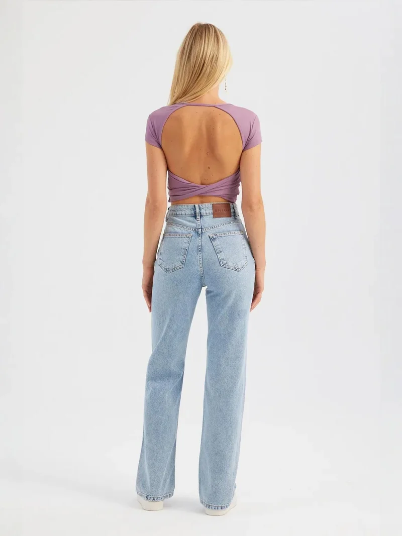 Hiccup Purple Round Neck Cross Back Short Sleeve Crop Top for Women | Best Price UAE