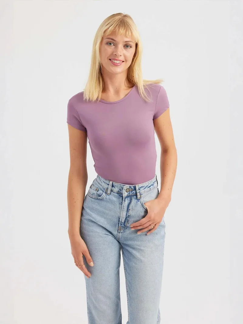 Hiccup Purple Round Neck Cross Back Short Sleeve Crop Top for Women | Best Price UAE