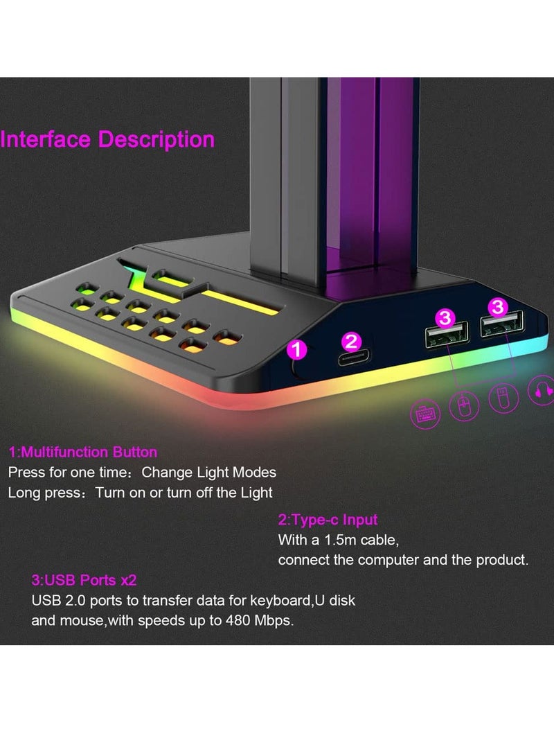 Barakah RGB Headphone Stand with 7 Light Modes, Headphone Holder with Type-c Input Port /2 USB Output Ports, Gaming Headset Stand with Non-Slip, Suitable for Gamer Gifts Earphones Accessories - Image 3