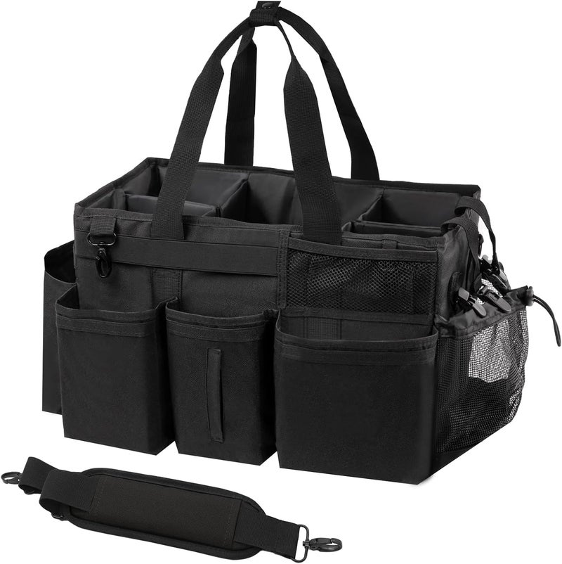 SCAVATA Wearable Cleaning Caddy, Cleaning Caddy Supplies Organizer with Handle & Shoulder Straps for Housekeepers, Under Sink & Car Cleaning Tool Organizers Bag with 4 Foldable Divider (Black) - Image 1