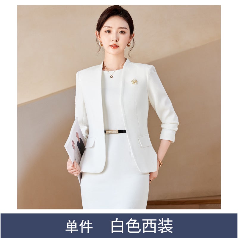 Collarless Suit Jacket Womens dress Two-piece Set Spring and Autumn Casual Suit Beauty Salon Work Clothes Professional suit Single white suit 