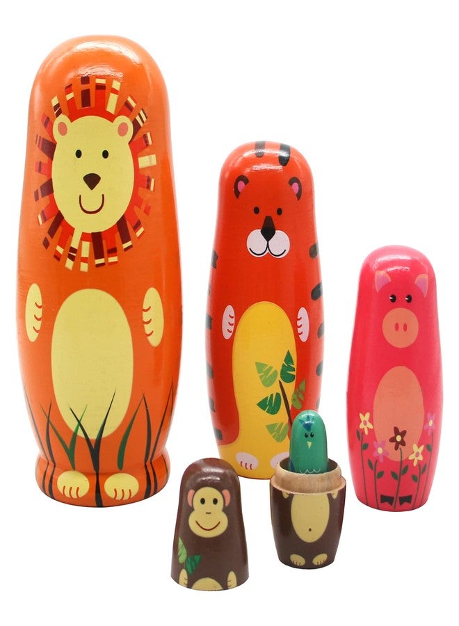 Conzy Russian Nesting Dolls for Kids, Stacking Wooden Handmade Matryoshka Dolls, 5 Piece Cute Cartoon Animal Pattern, Great Toy Gift for Girls Boys' Birthday or Home Decoration (Orange) - Image 1