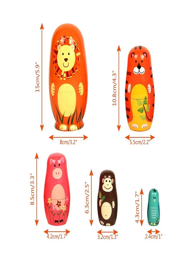 Conzy Russian Nesting Dolls for Kids, Stacking Wooden Handmade Matryoshka Dolls, 5 Piece Cute Cartoon Animal Pattern, Great Toy Gift for Girls Boys' Birthday or Home Decoration (Orange) - Image 3