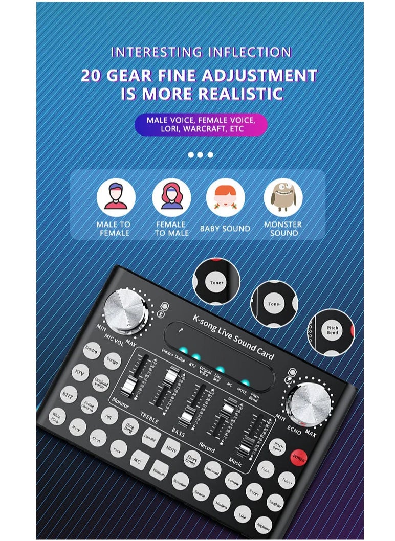 Live Sound Card External Mixer F9 Universal Broadcast Voice Changer With 18 Sound Effects For Phone Laptop Computer Black