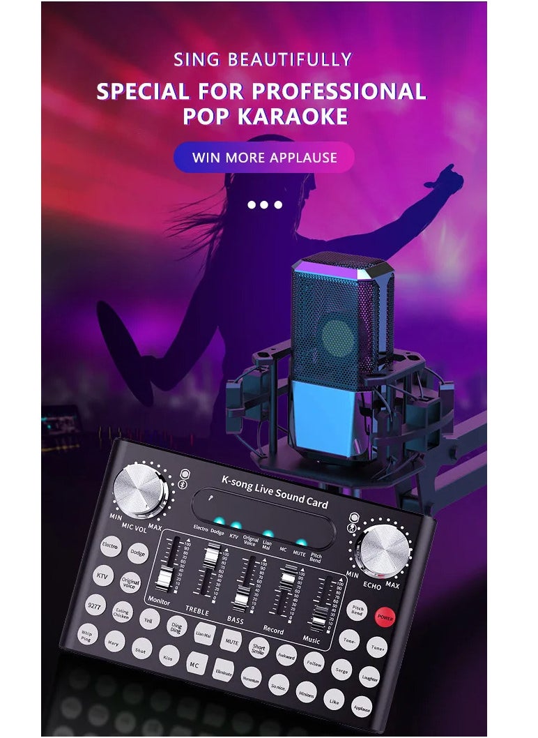Live Sound Card External Mixer F9 Universal Broadcast Voice Changer With 18 Sound Effects For Phone Laptop Computer Black