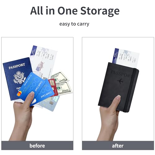 KAOBAN Passport Holder, Passport Cover with Credit Card Slot and Boarding Pass Slot Combo, Passport Wallet Case Book Travel Must Have, RFID Blocking Leather Travel Accessories, Black - Image 3