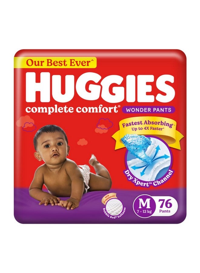 HUGGIES Complete Comfort Wonder Pants | Pant Style Baby Diapers M Size, 76 Count | India'S Fastest Absorbing Diaper, Patented Dry Xpert Channel, Ideal For 7 To 12 Kgs