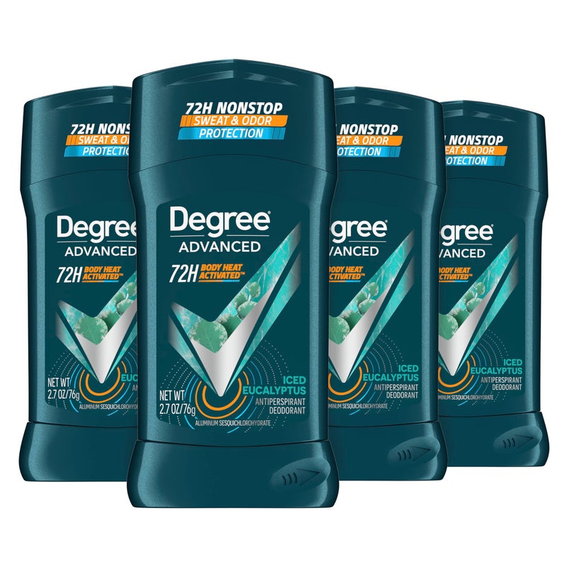 Degree Men Advanced Antiperspirant Deodorant Stick Ice Eucalyptus 4 Count 72Hour Sweat and Odor Protection Deodorant for Men with Body Heat Activated Technology 27 oz