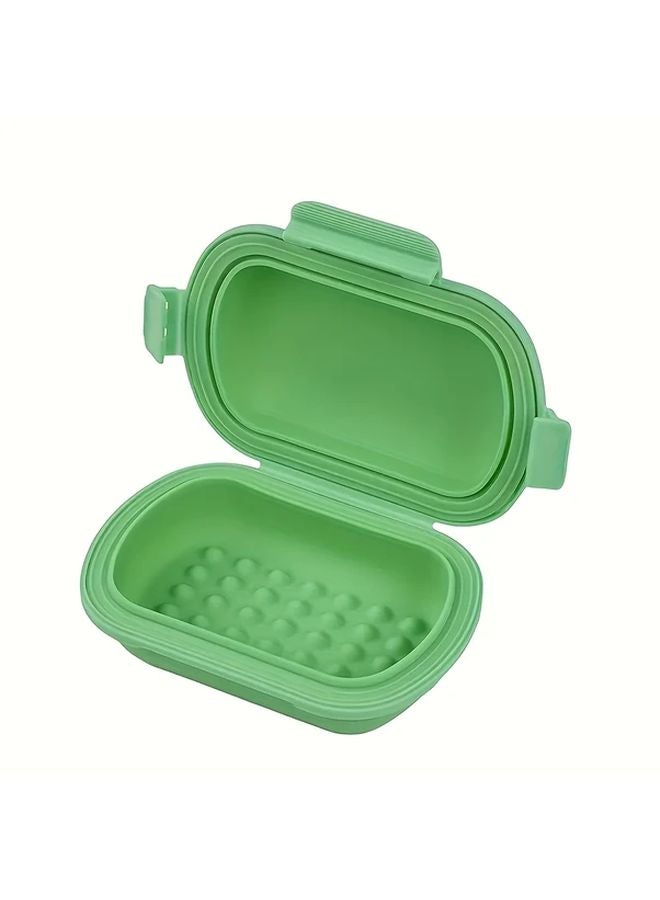 Green Silicone Travel Soap Case With Flip Lid Portable Sealed Oval Organizer - Image 1