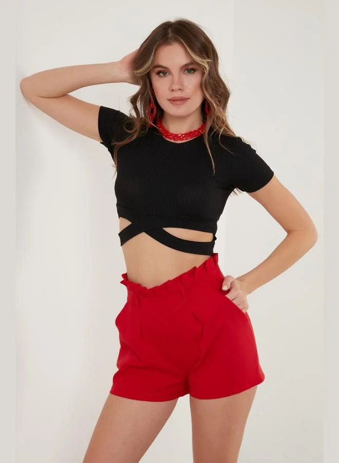 Lela Lela Ribbed Waist Detailed Short Sleeve Slim Cut Crop Blouse Women's BLOUSE 5864211