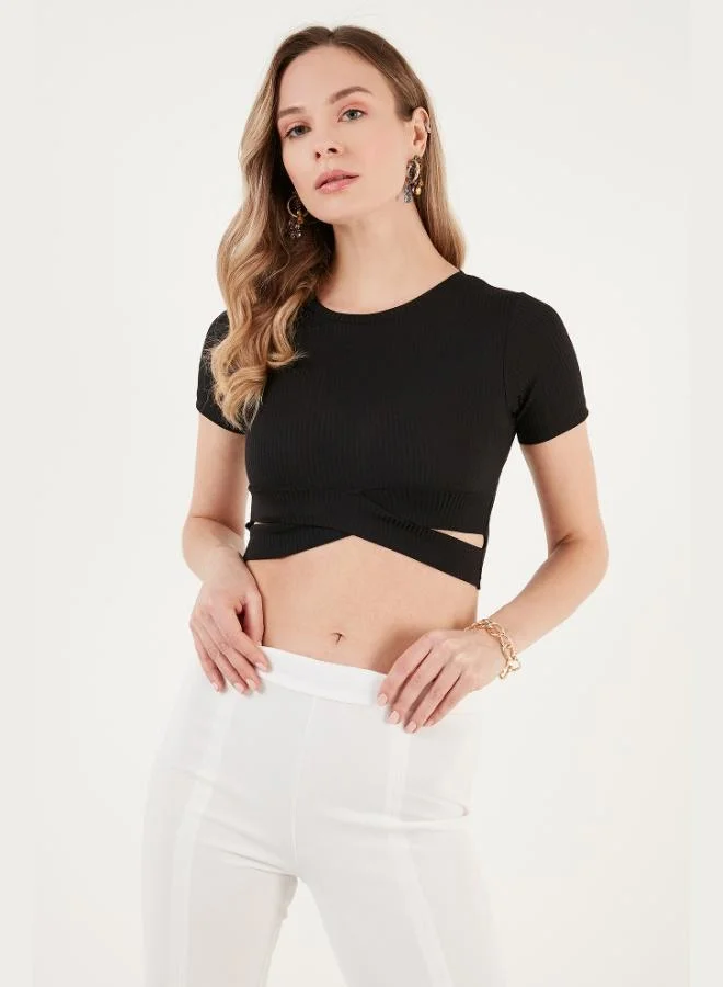 Lela Lela Ribbed Waist Detailed Short Sleeve Slim Cut Crop Blouse Women's BLOUSE 5864211