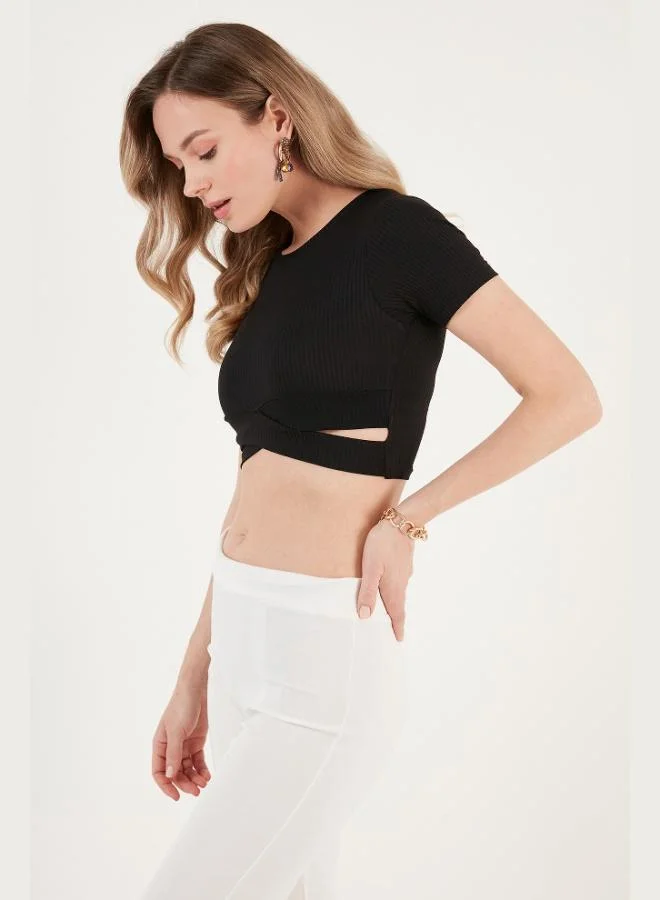 Lela Lela Ribbed Waist Detailed Short Sleeve Slim Cut Crop Blouse Women's BLOUSE 5864211