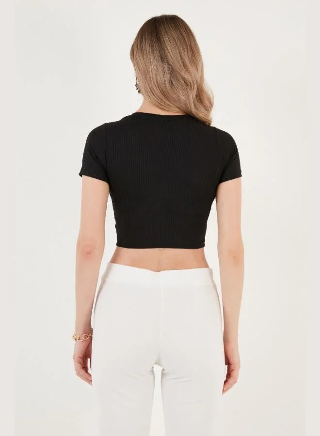 Lela Lela Ribbed Waist Detailed Short Sleeve Slim Cut Crop Blouse Women's BLOUSE 5864211